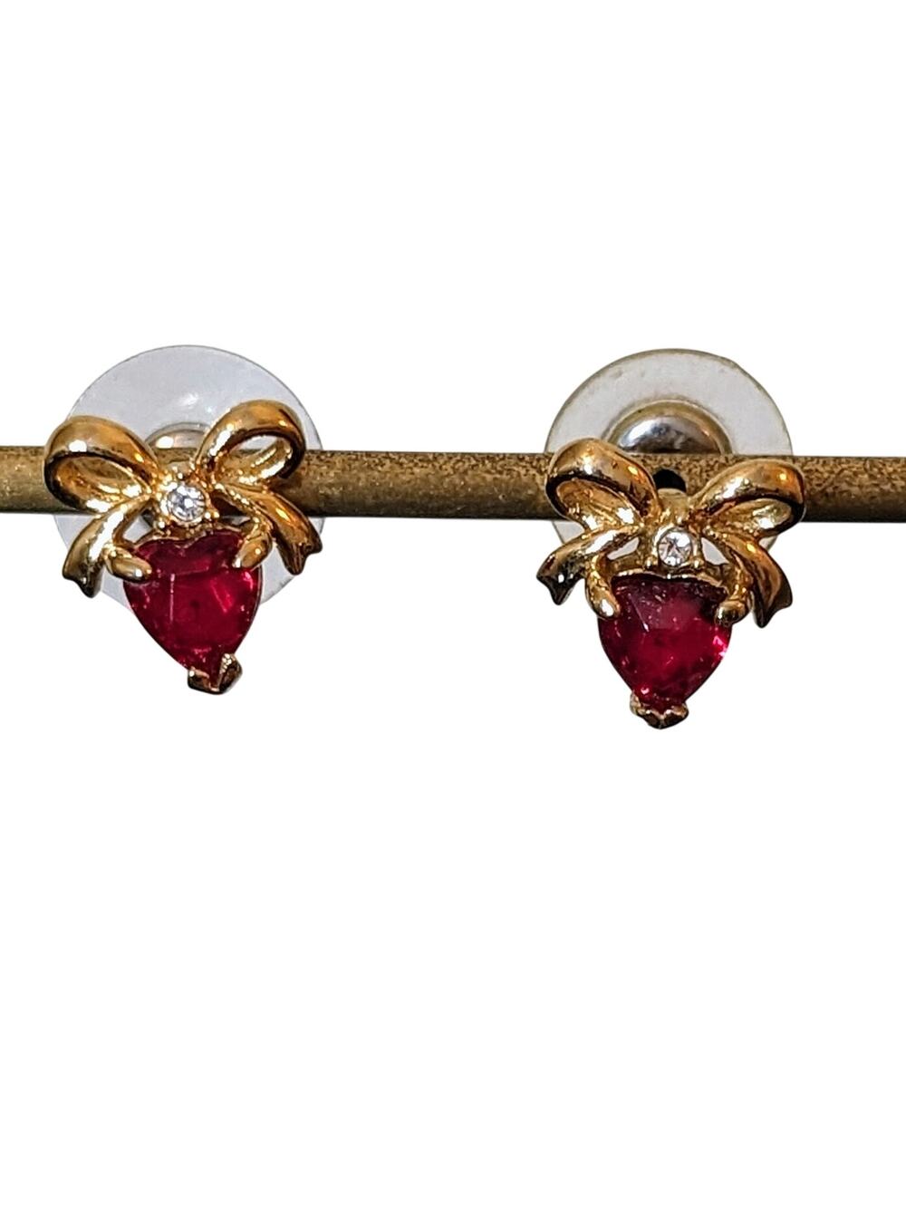 Red Crystal Heart Rhinestone Bow Gold Tone Stud Earrings